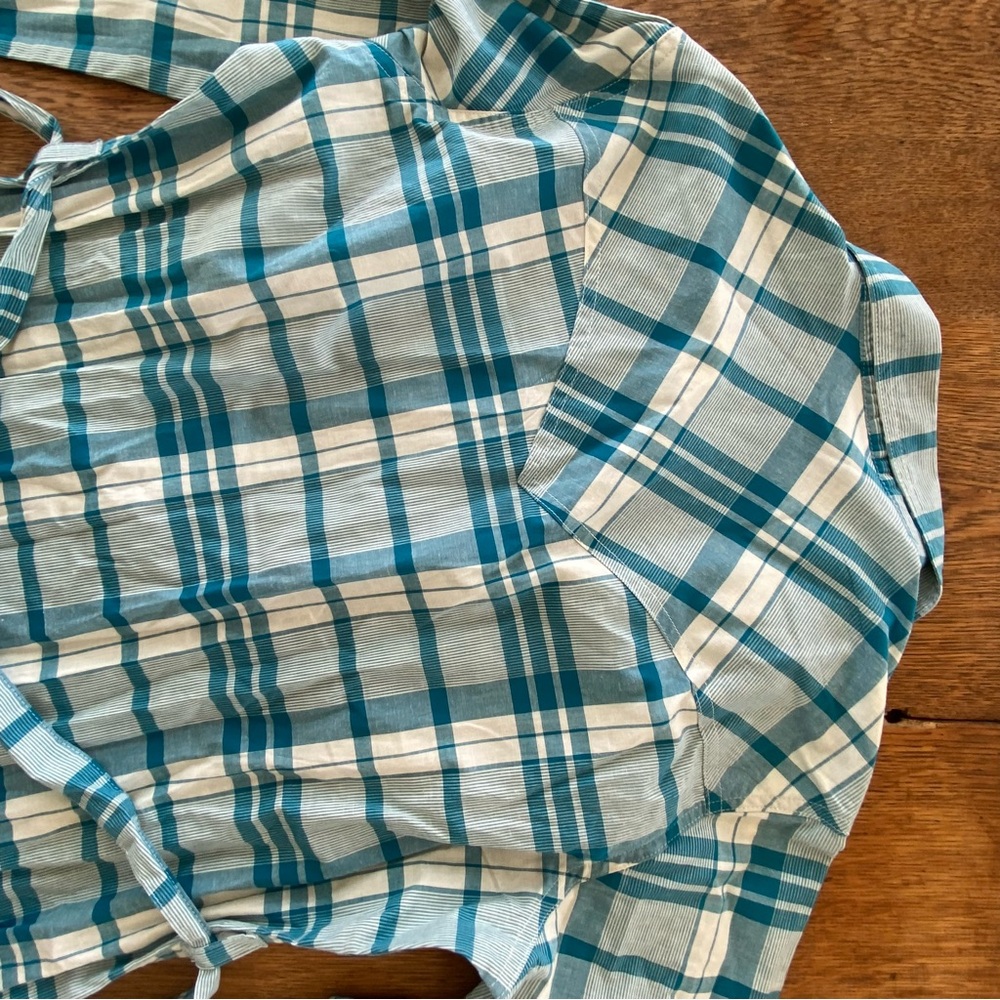New Wrangler Teal and White Plaid Long Sleeve Dress Snap Buttons - Picture 12 of 12